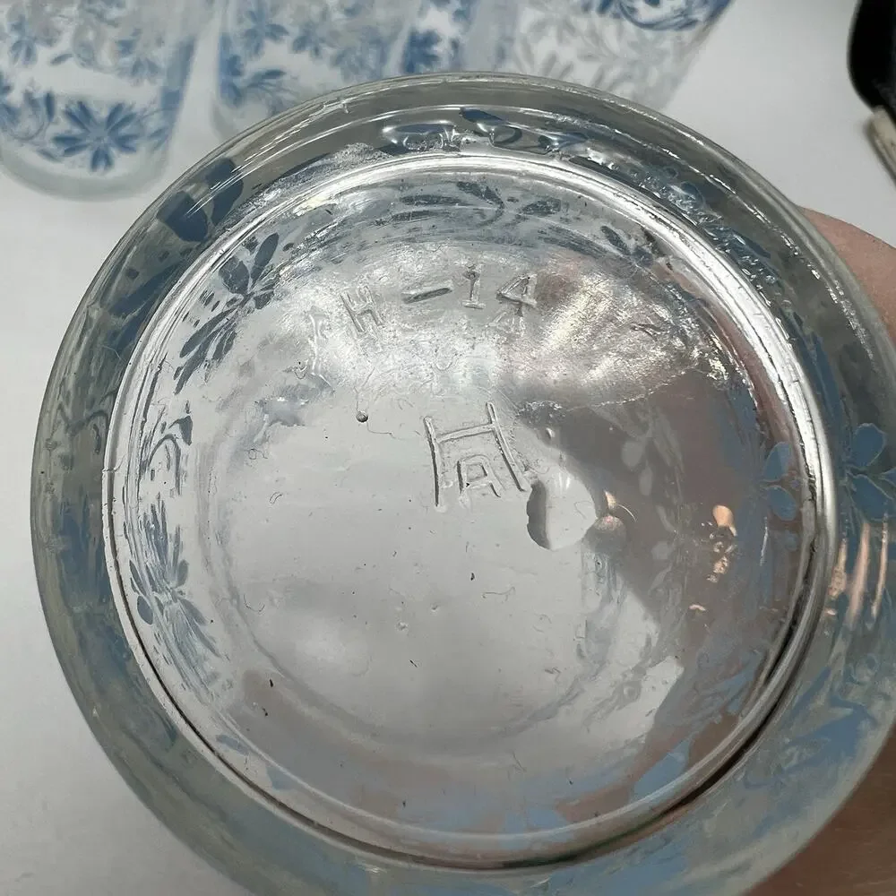 Set 6 Hazel Atlas Drinking Juice Glasses 1960s Blue White Daisies Flowers 4.5